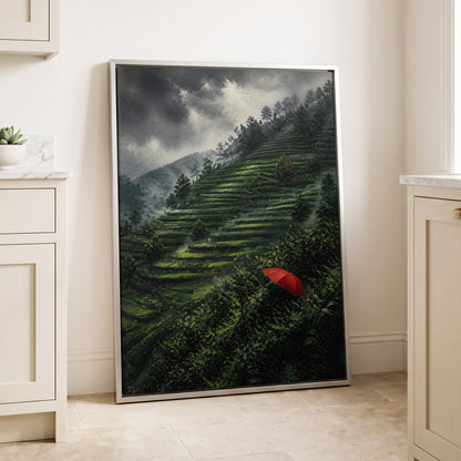 Umbrella Above the Terraces, green, gray, red nature wall art displayed in a styled interior, gallery view 2