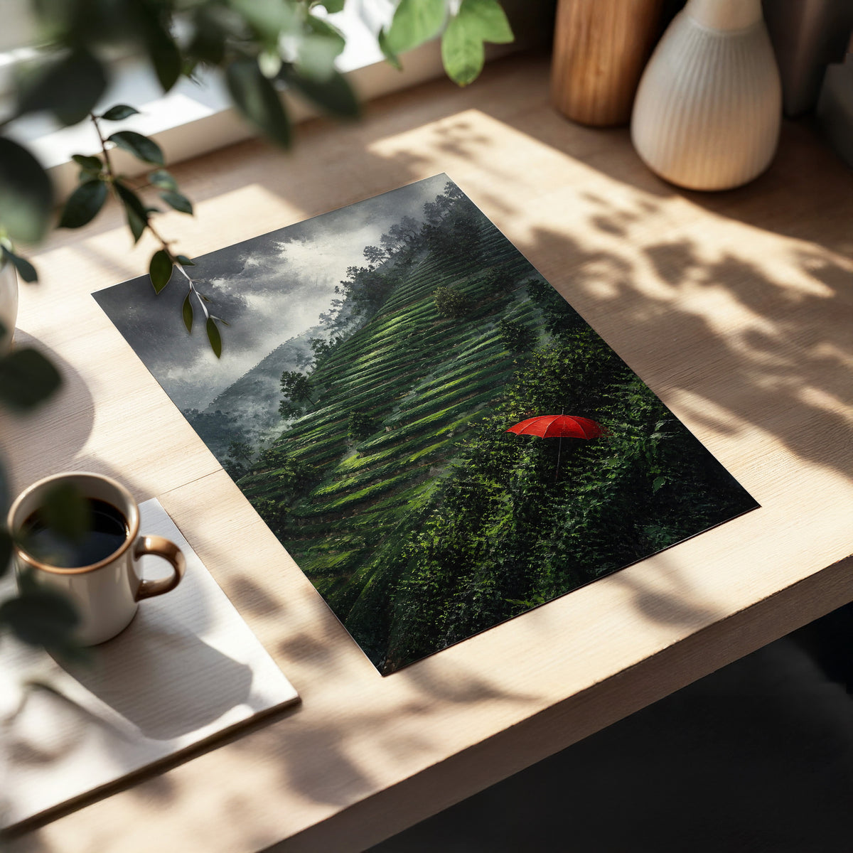 Umbrella Above the Terraces, green, gray, red nature wall art displayed in a styled interior, gallery view 3