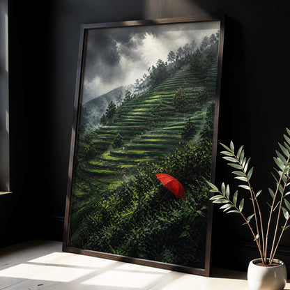 Umbrella Above the Terraces, green, gray, red nature wall art displayed in a styled interior, gallery view 4