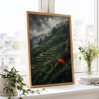 Umbrella Above the Terraces, green, gray, red nature wall art displayed in a styled interior, gallery view 5