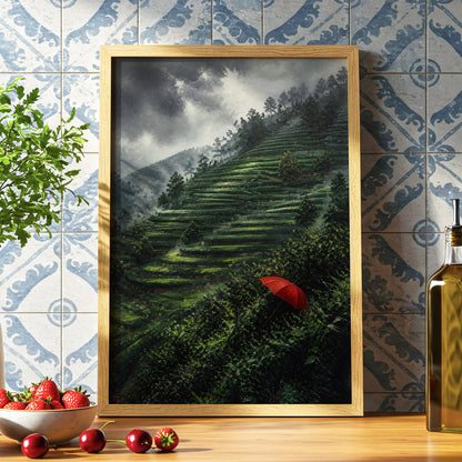 Umbrella Above the Terraces, green, gray, red nature wall art displayed in a styled interior, gallery view 6