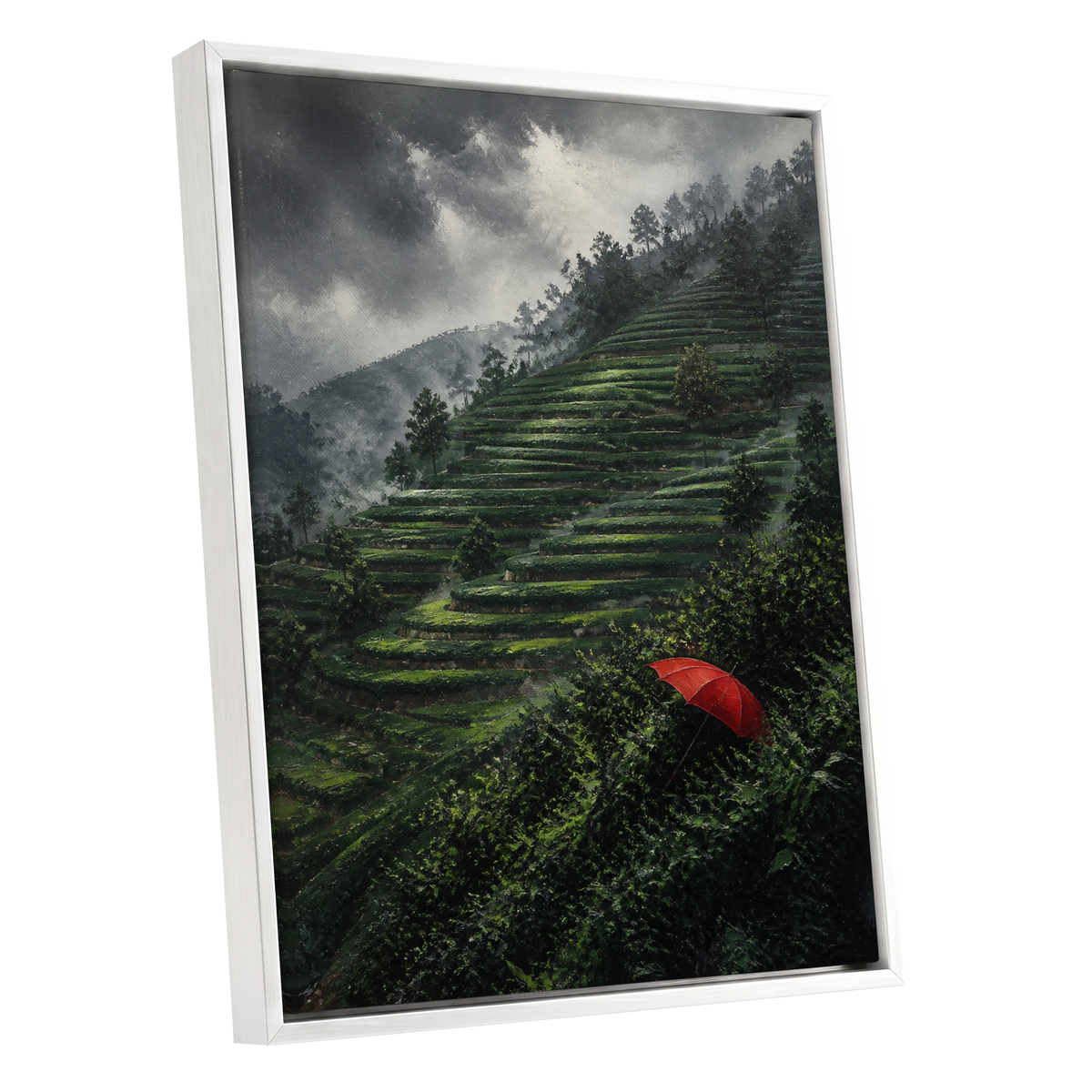 Umbrella Above the Terraces, green, gray, red nature wall art shown as a white framed canvas wall art