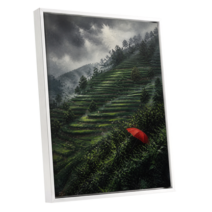 Umbrella Above the Terraces, green, gray, red nature wall art shown as a white framed canvas wall art