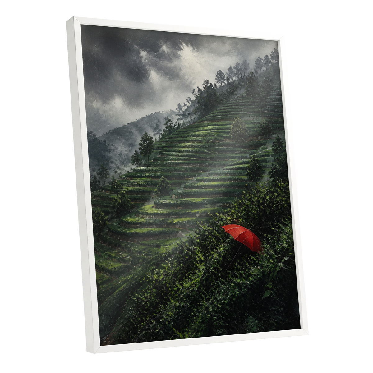 Umbrella Above the Terraces, green, gray, red nature wall art shown as a white framed poster wall art print