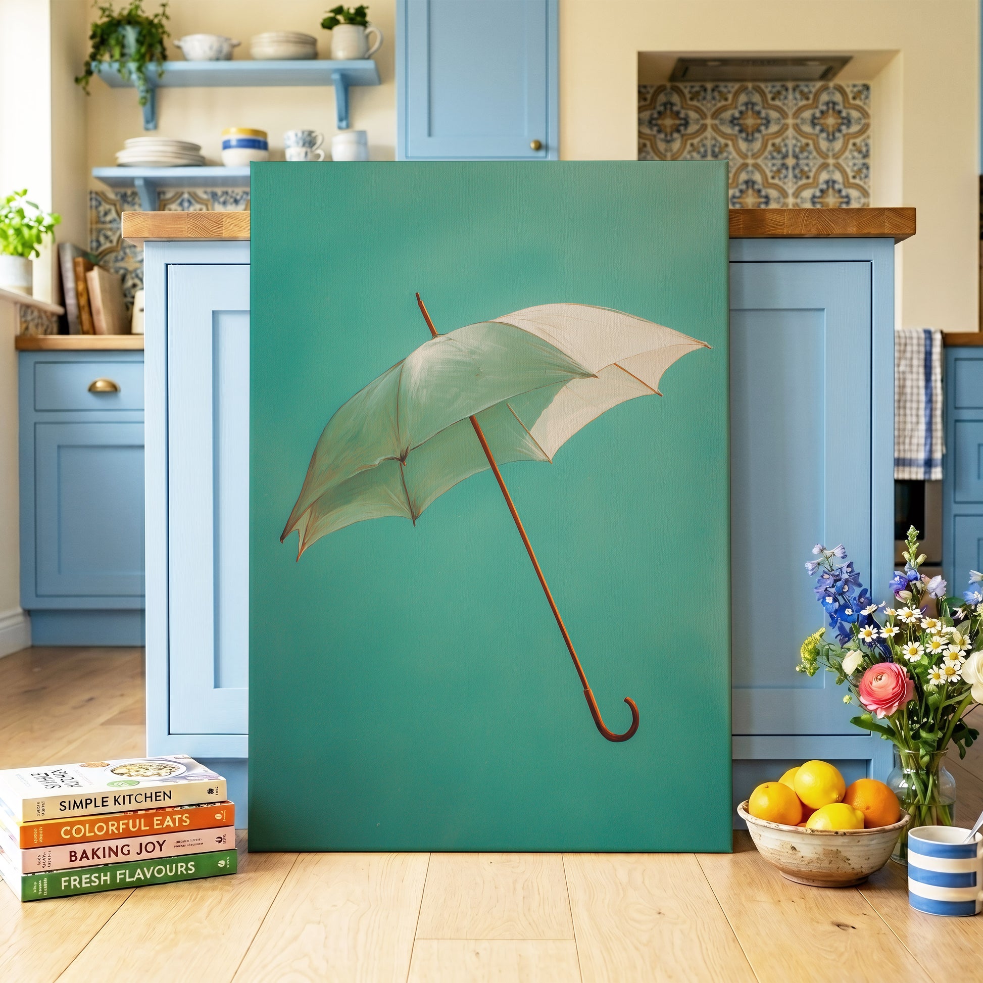 Umbrella in Teal – canvas wall art in a styled interior, gallery view 1