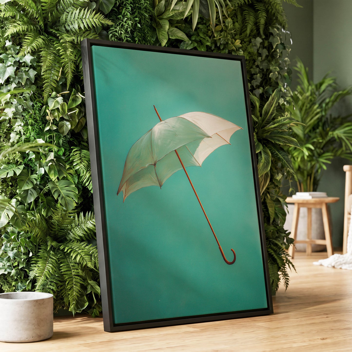 Umbrella in Teal – wall art displayed in a styled interior, gallery view 1