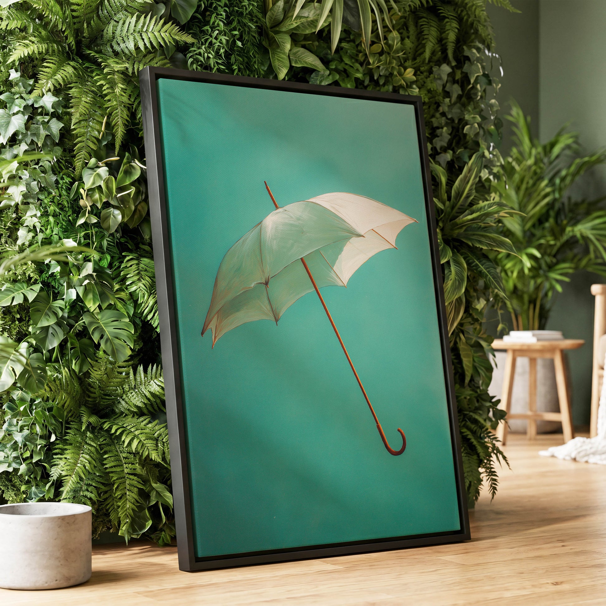 Umbrella in Teal – wall art displayed in a styled interior, gallery view 1