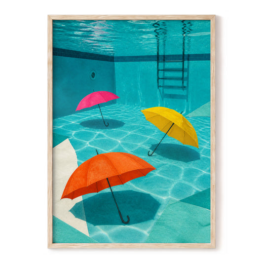 Umbrellas Below, blue, orange, yellow abstract wall art, front artwork view