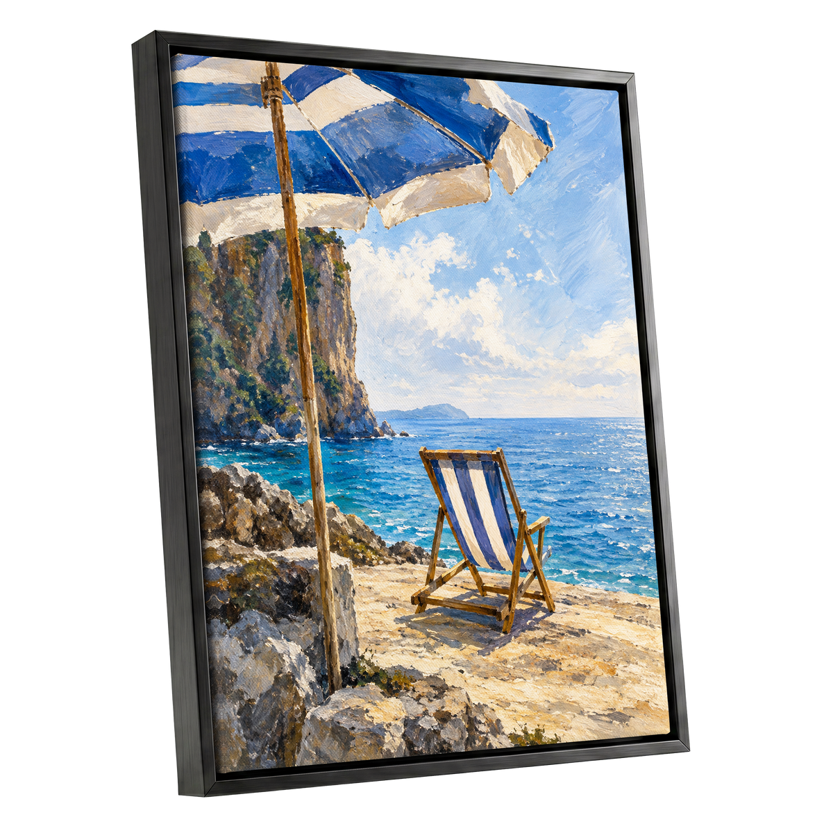 Under the Blue Parasol, blue, white, beige nature wall art shown as a black framed canvas wall art