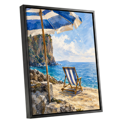 Under the Blue Parasol, blue, white, beige nature wall art shown as a black framed canvas wall art