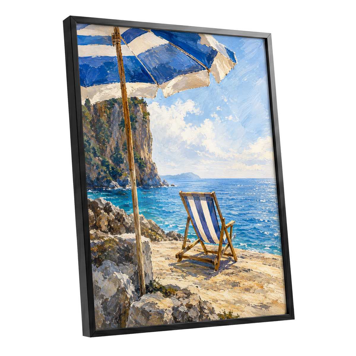 Under the Blue Parasol, blue, white, beige nature wall art shown as a black framed poster wall art print