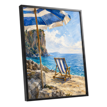Under the Blue Parasol, blue, white, beige nature wall art shown as a black framed poster wall art print