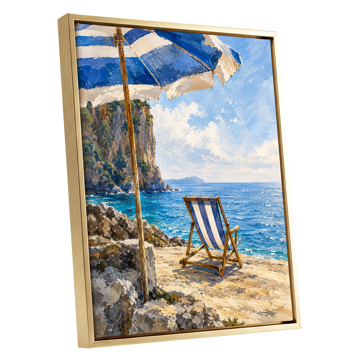 Under the Blue Parasol, blue, white, beige nature wall art shown as a gold framed canvas wall art