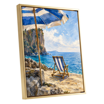 Under the Blue Parasol, blue, white, beige nature wall art shown as a gold framed canvas wall art