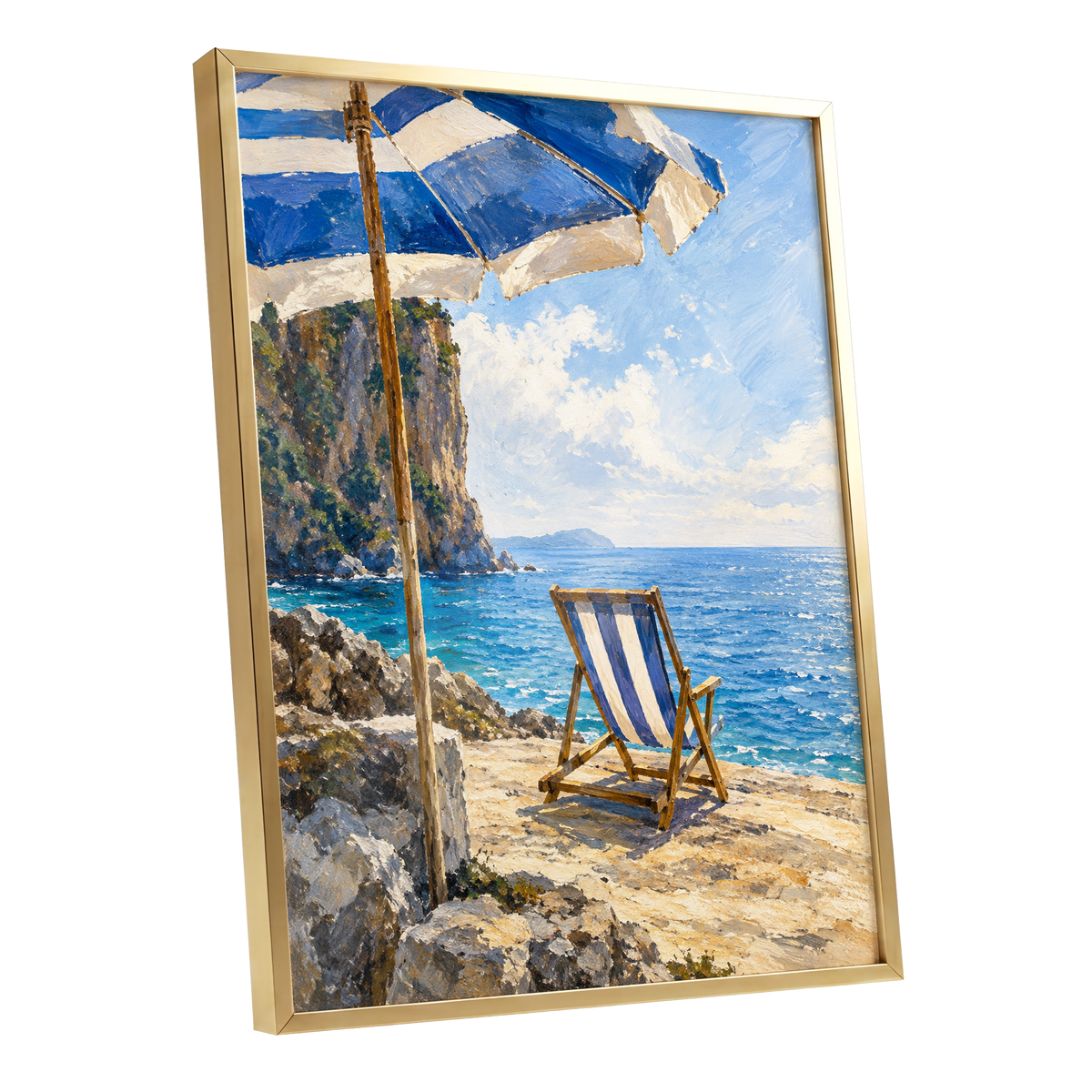 Under the Blue Parasol, blue, white, beige nature wall art shown as a gold framed poster wall art print