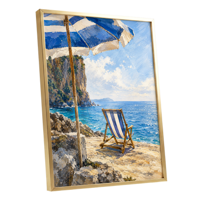 Under the Blue Parasol, blue, white, beige nature wall art shown as a gold framed poster wall art print