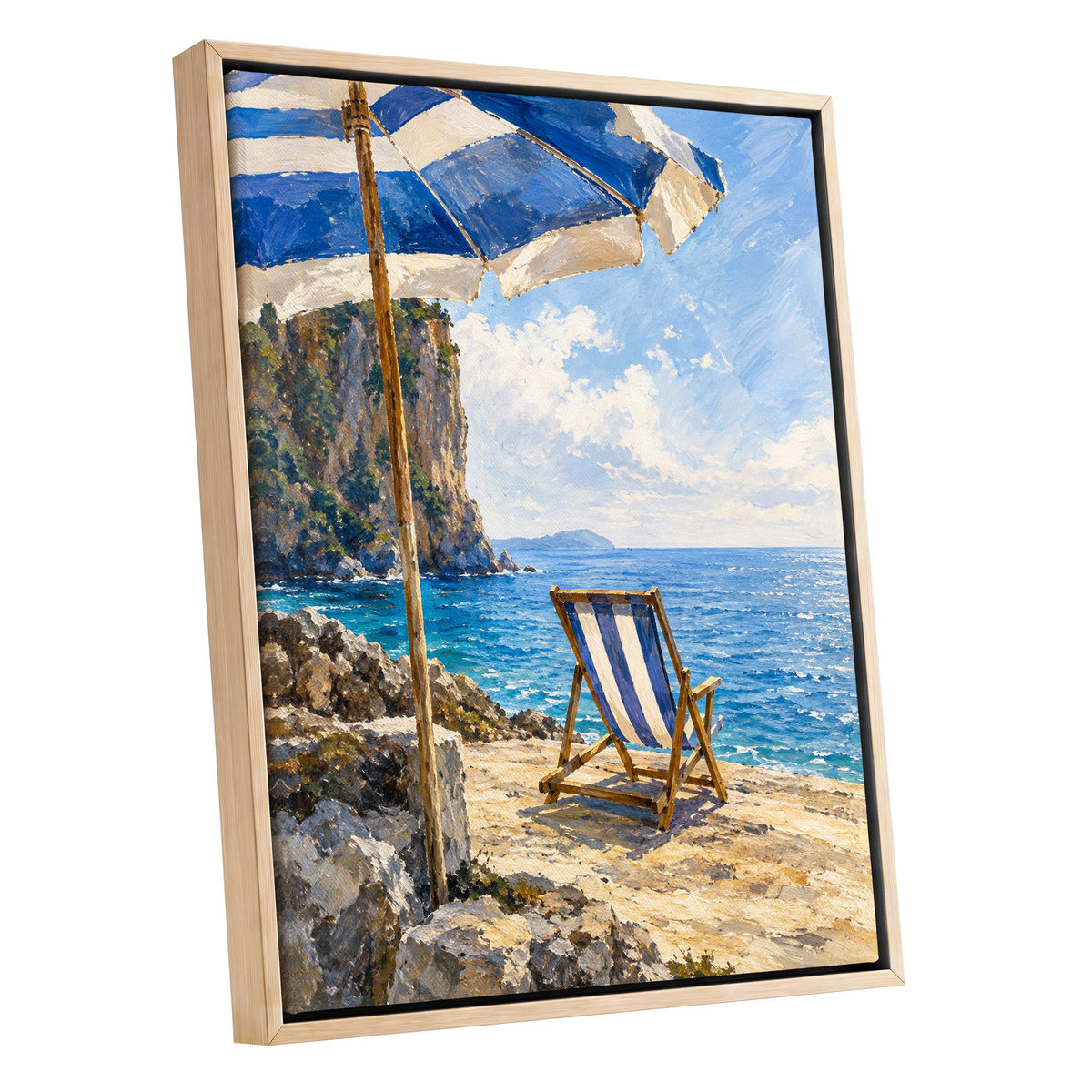 Under the Blue Parasol, blue, white, beige nature wall art shown as a oak framed canvas wall art