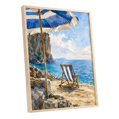 Under the Blue Parasol, blue, white, beige nature wall art shown as a oak framed poster wall art print