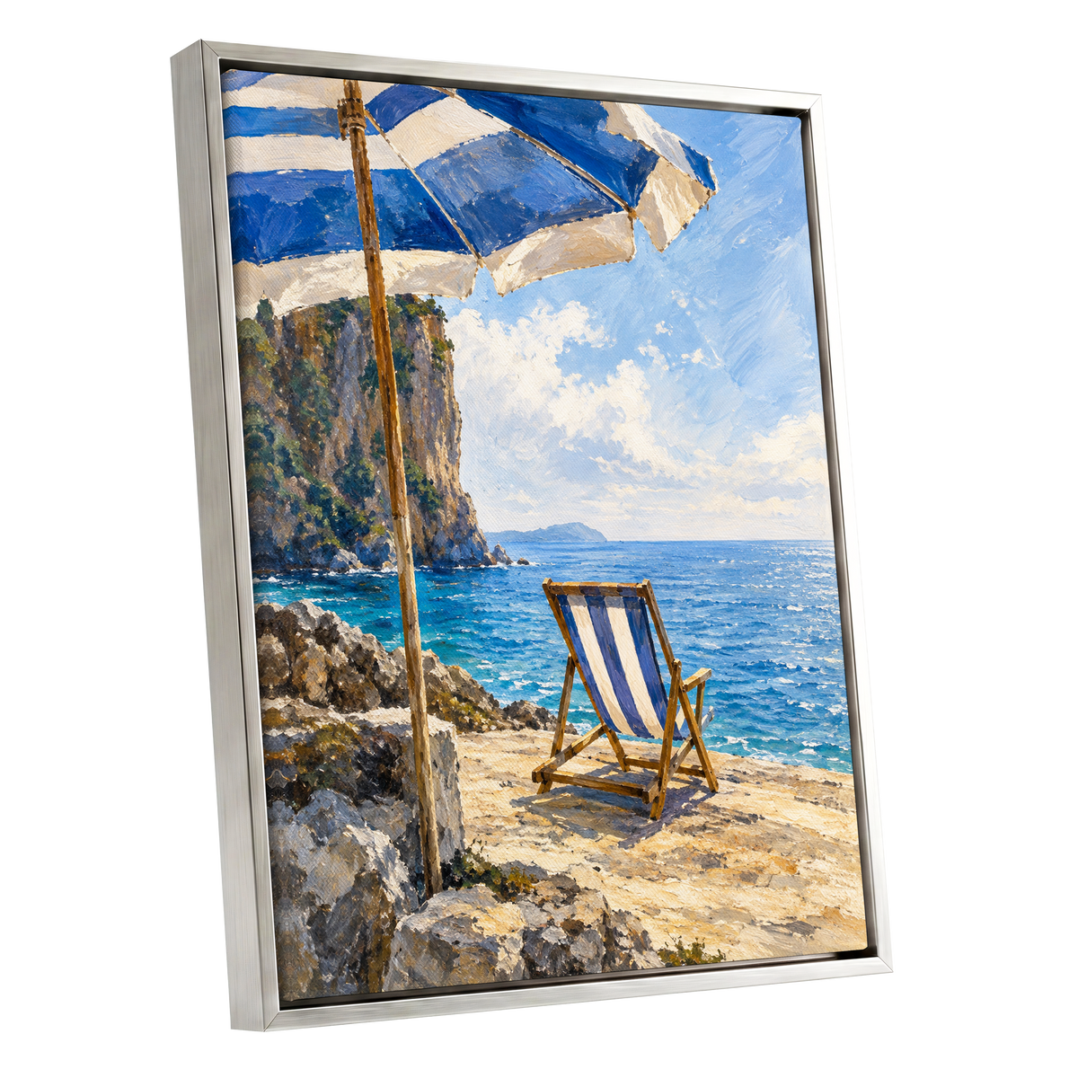 Under the Blue Parasol, blue, white, beige nature wall art shown as a silver framed canvas wall art