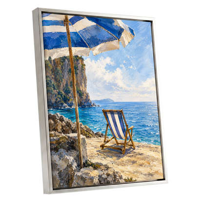 Under the Blue Parasol, blue, white, beige nature wall art shown as a silver framed canvas wall art