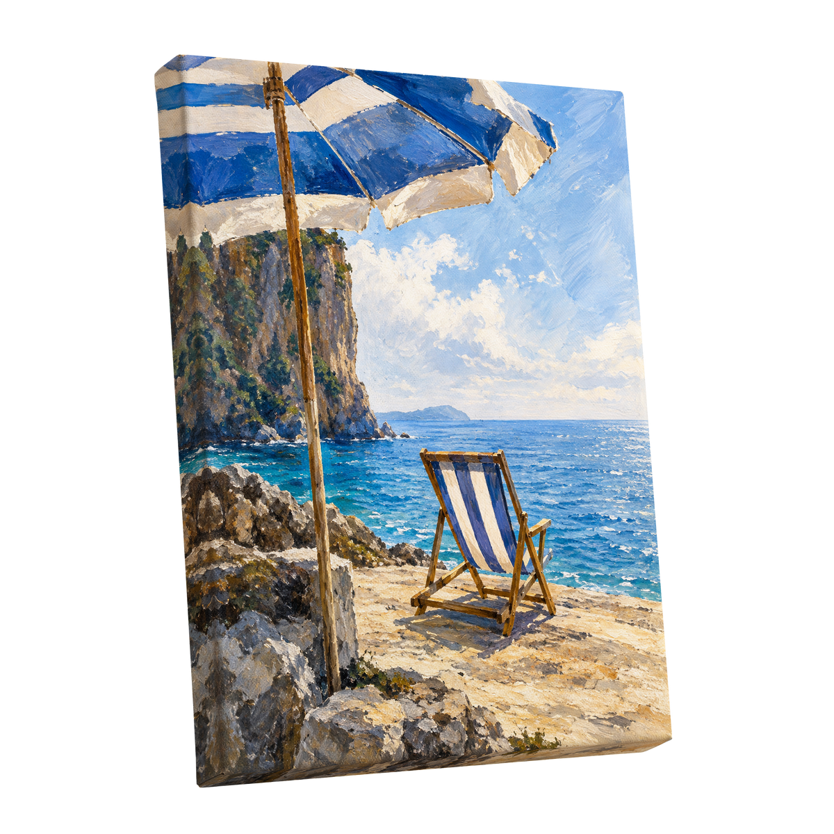 Under the Blue Parasol, blue, white, beige nature wall art shown as a stretched canvas wall art