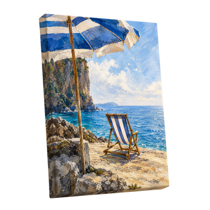 Under the Blue Parasol, blue, white, beige nature wall art shown as a stretched canvas wall art