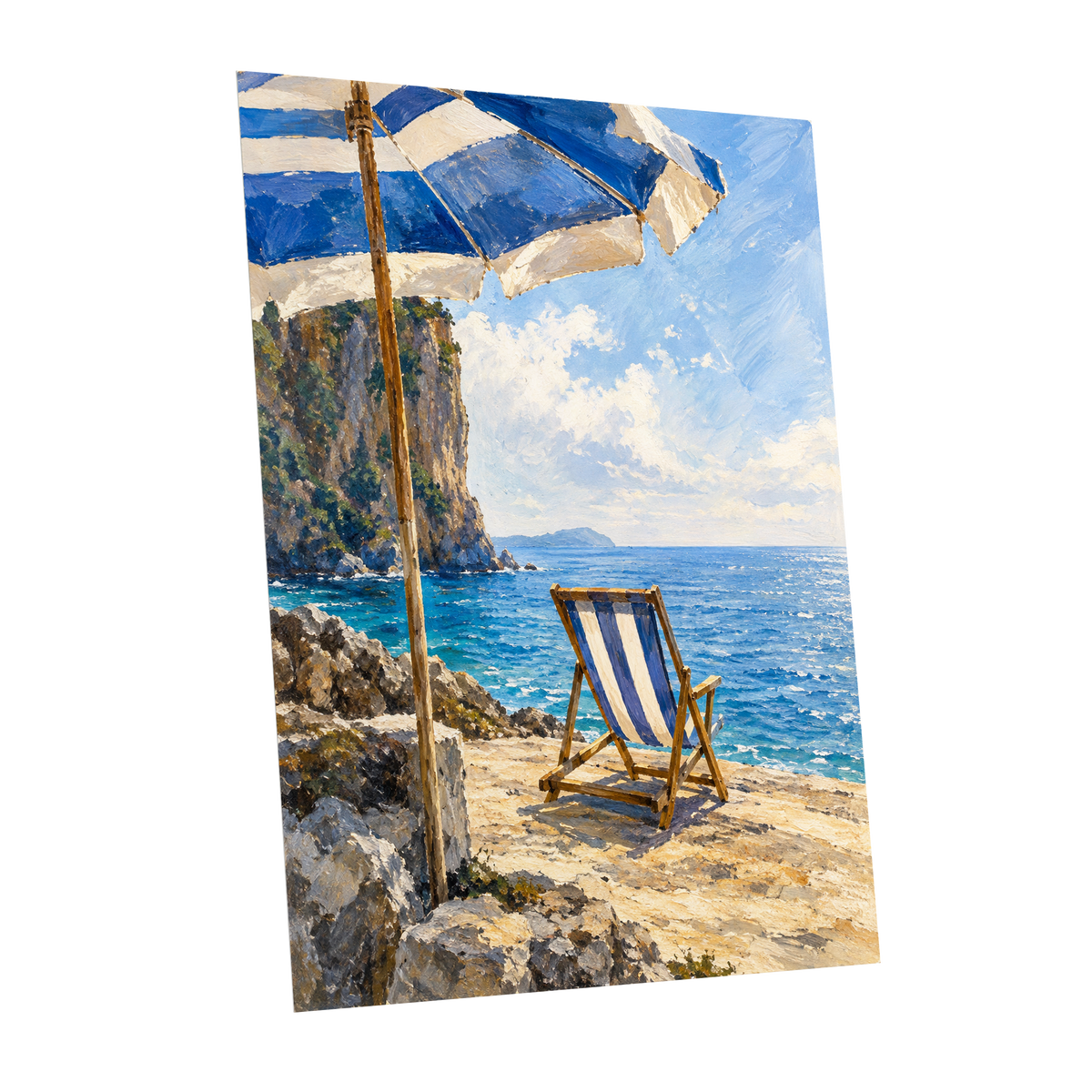 Under the Blue Parasol, blue, white, beige nature wall art shown as a unframed poster wall art print
