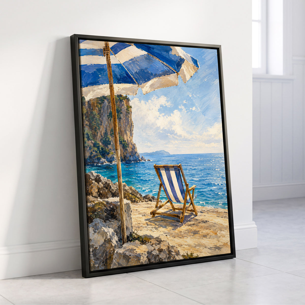 Under the Blue Parasol, blue, white, beige nature wall art displayed in a styled interior, gallery view 4