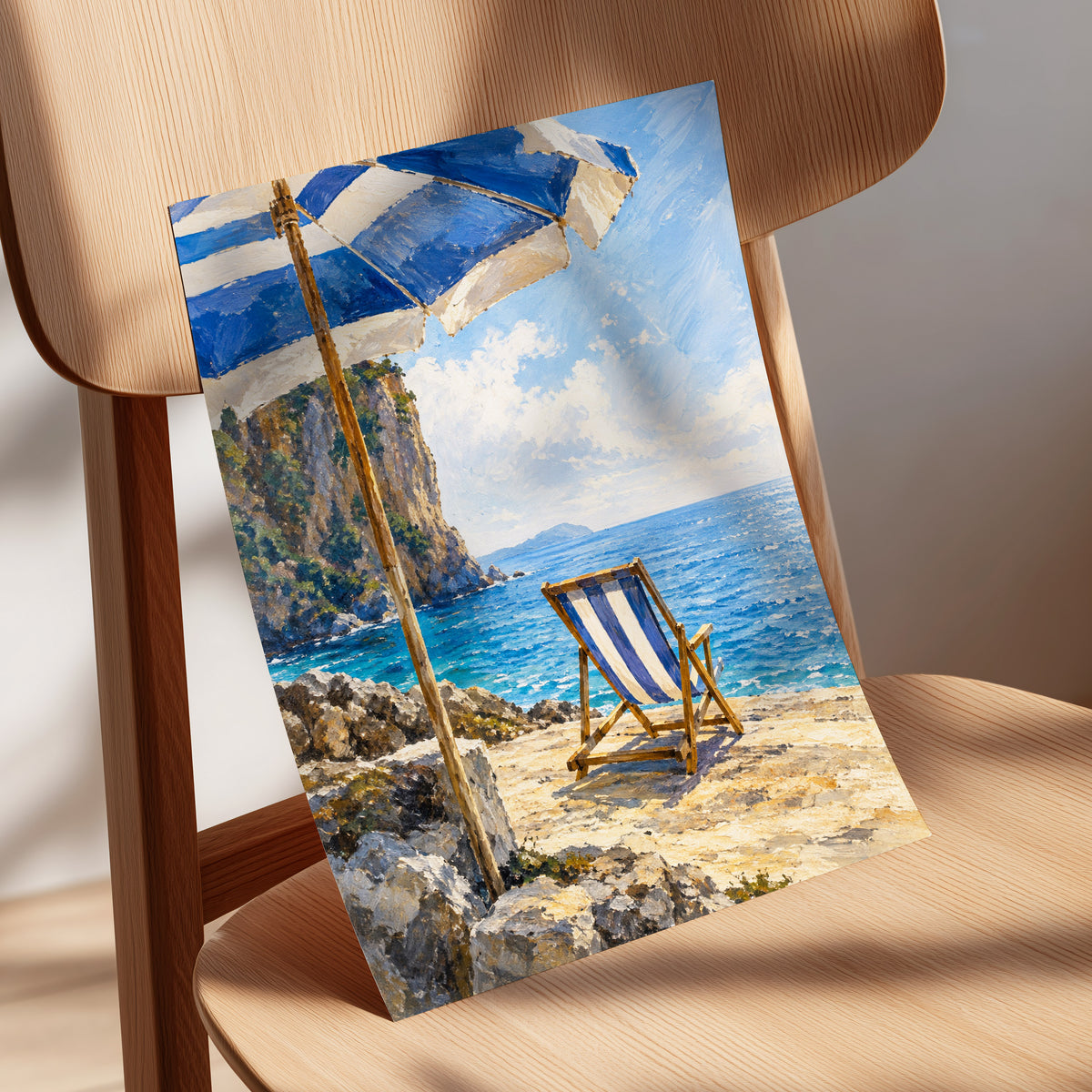 Under the Blue Parasol, blue, white, beige nature wall art displayed in a styled interior, gallery view 5