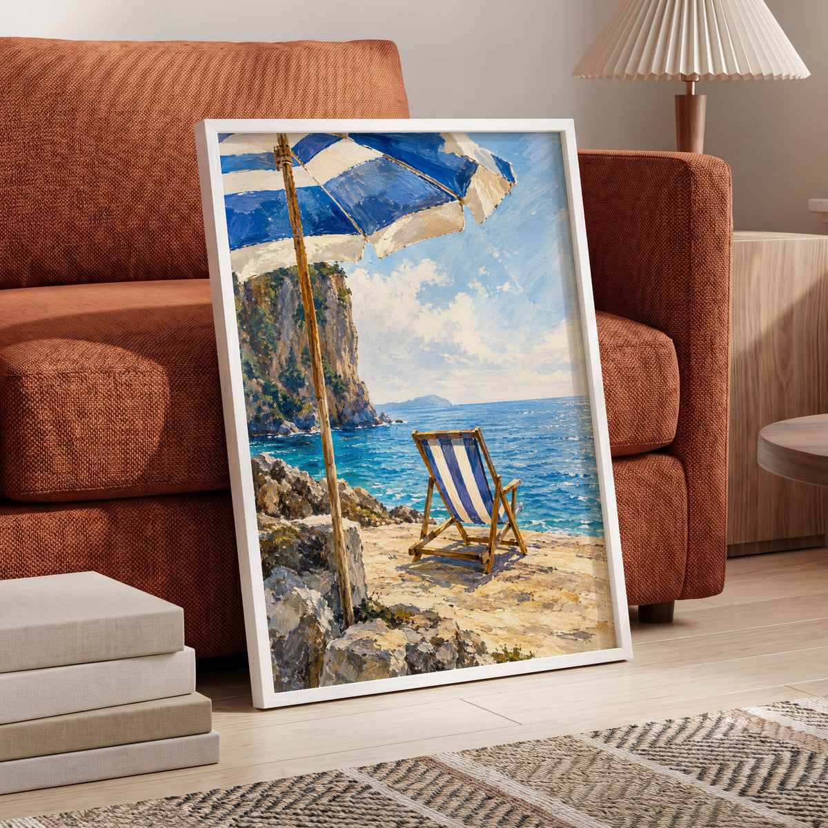 Under the Blue Parasol, blue, white, beige nature wall art displayed in a styled interior, gallery view 6