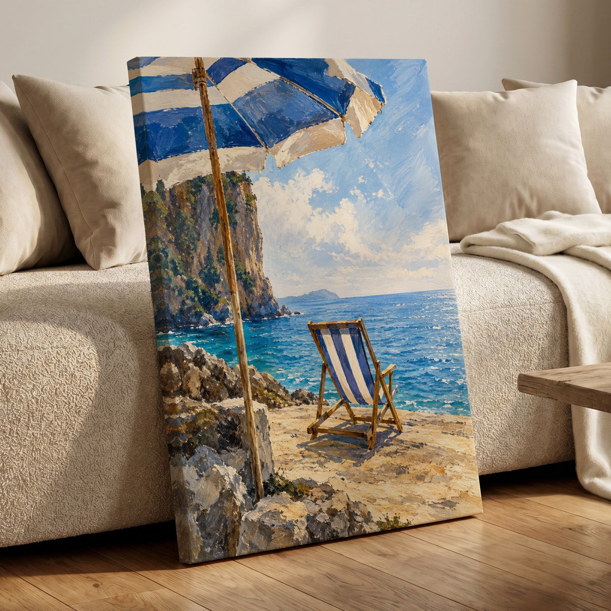 Under the Blue Parasol, blue, white, beige nature wall art displayed in a styled interior, gallery view 7