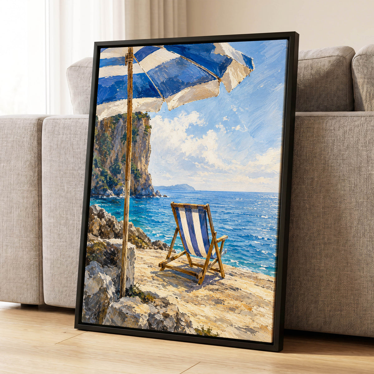 Under the Blue Parasol, blue, white, beige nature wall art displayed in a styled interior, gallery view 8
