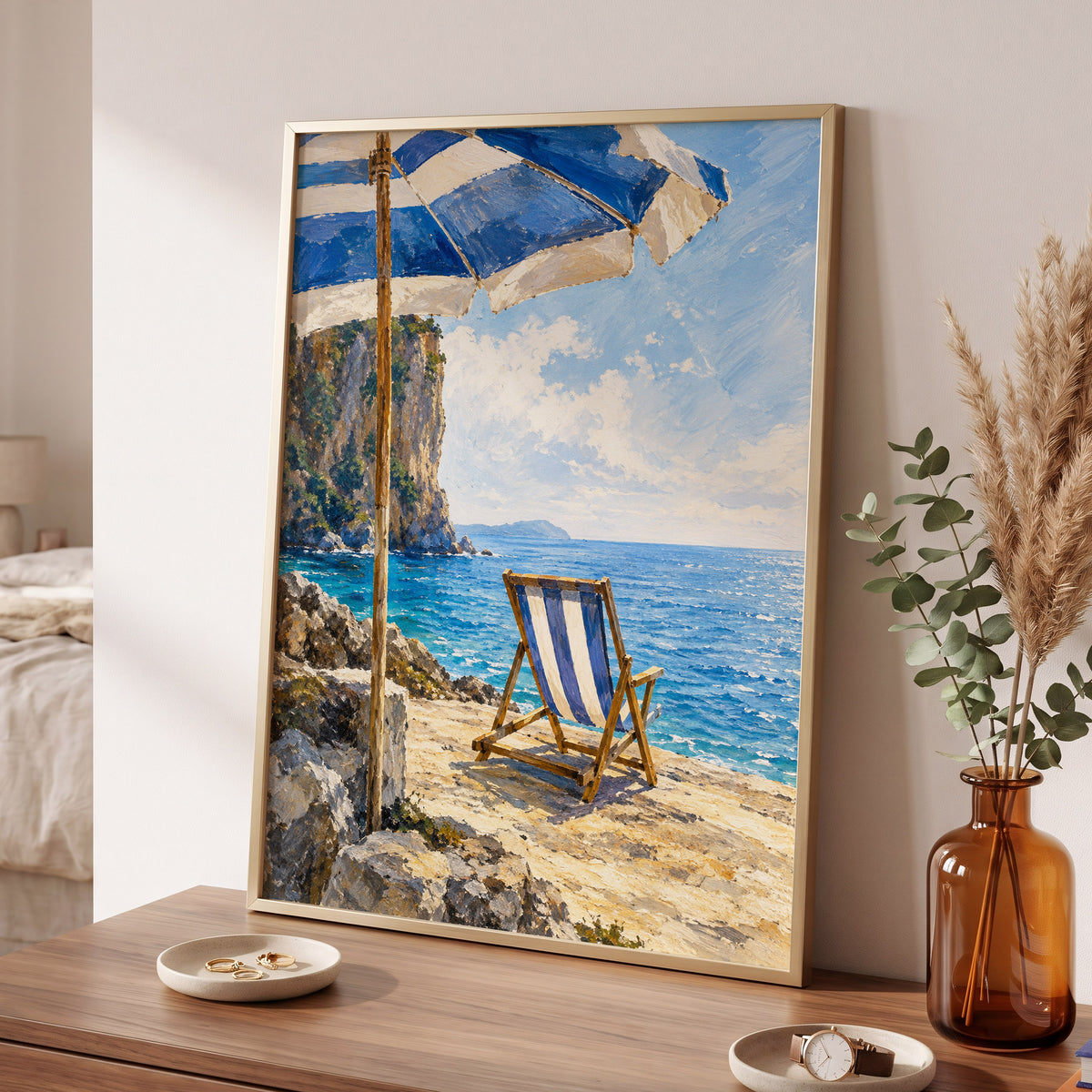 Under the Blue Parasol, blue, white, beige nature wall art displayed in a styled interior, gallery view 9