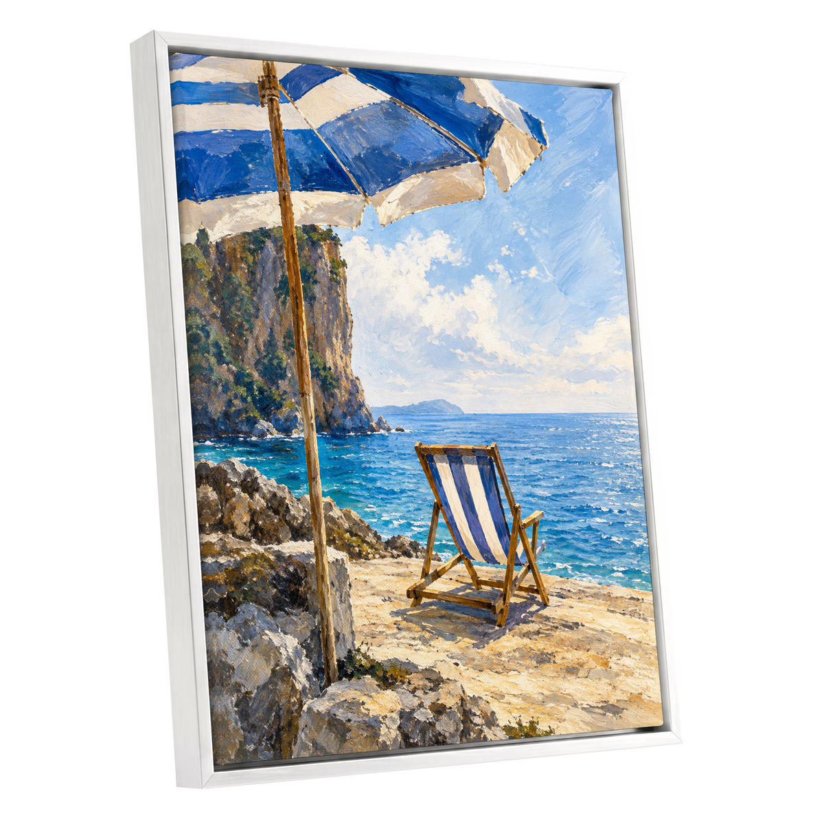 Under the Blue Parasol, blue, white, beige nature wall art shown as a white framed canvas wall art