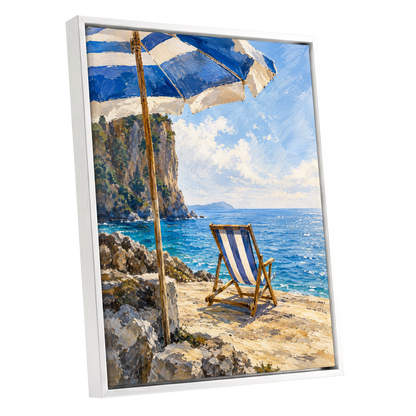 Under the Blue Parasol, blue, white, beige nature wall art shown as a white framed canvas wall art