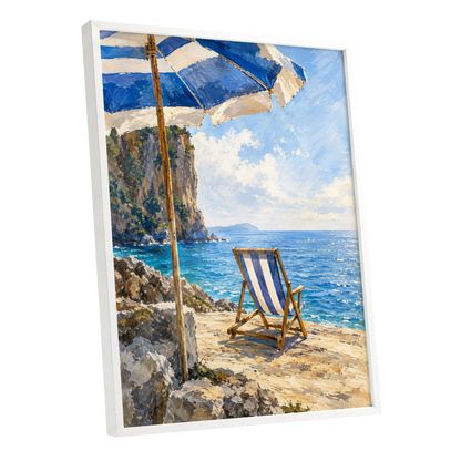 Under the Blue Parasol, blue, white, beige nature wall art shown as a white framed poster wall art print
