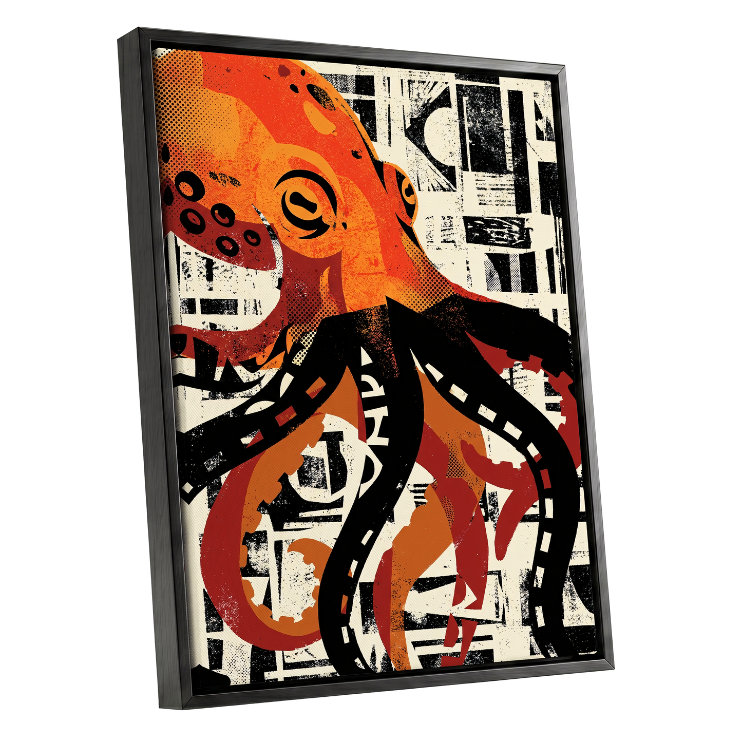 Urban Octopus, black, orange, beige nature wall art shown as a black framed canvas wall art