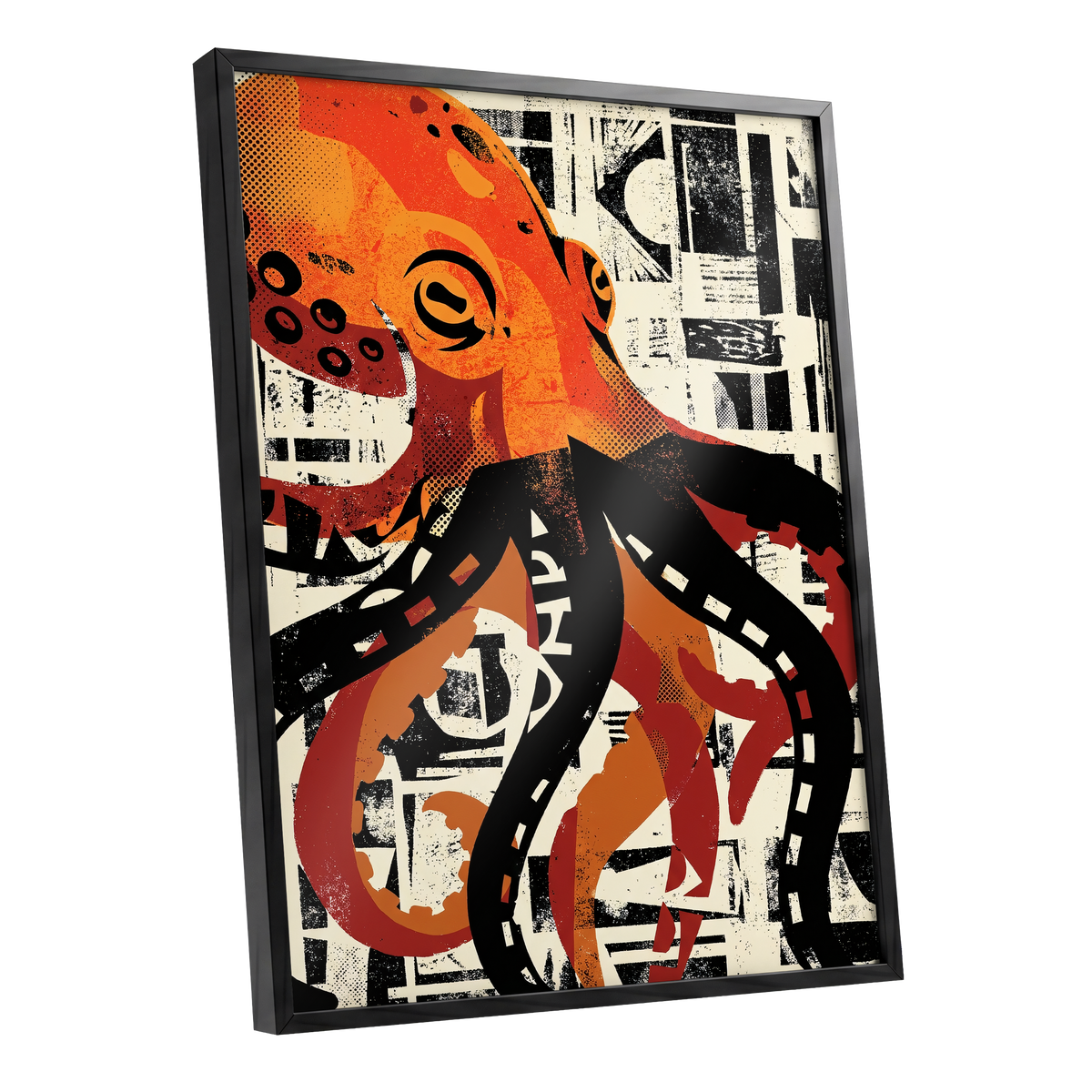 Urban Octopus, black, orange, beige nature wall art shown as a black framed poster wall art print