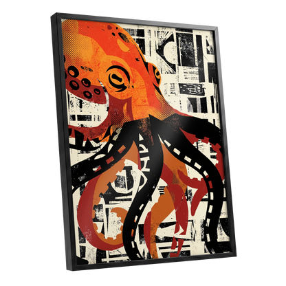 Urban Octopus, black, orange, beige nature wall art shown as a black framed poster wall art print