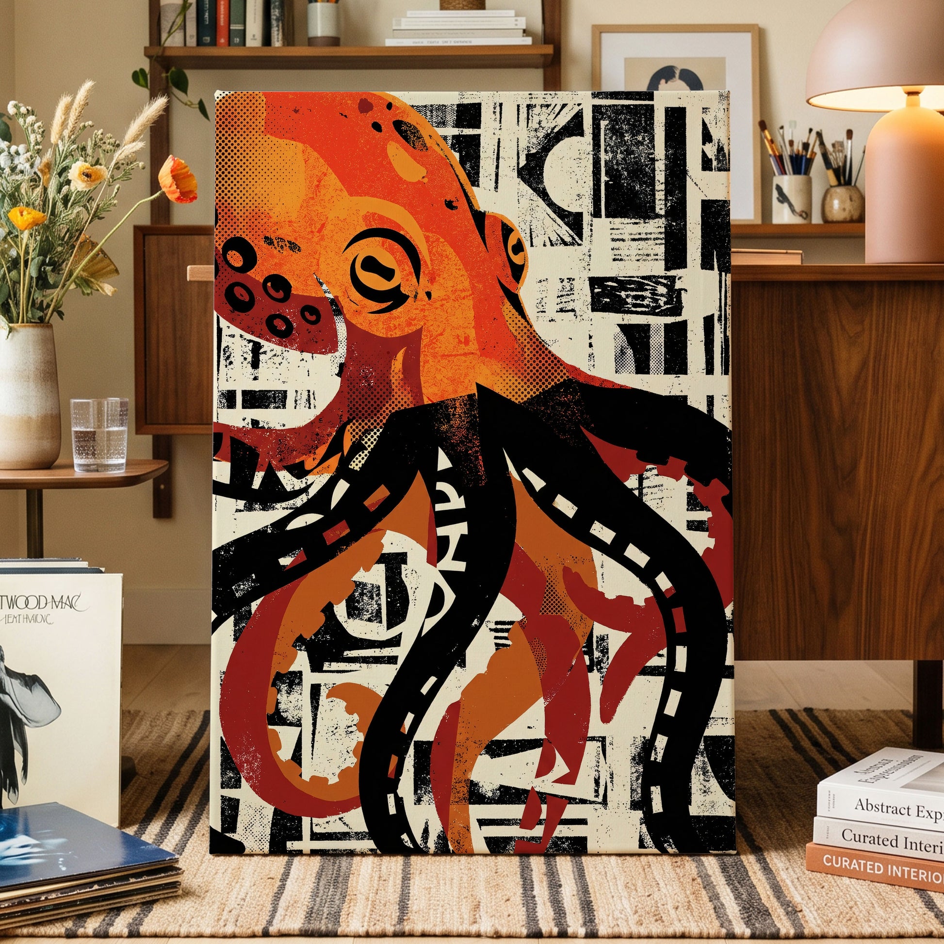 Urban Octopus, black, orange, beige nature wall art on canvas displayed in a styled interior, gallery view 1
