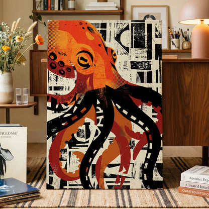 Urban Octopus, black, orange, beige nature wall art on canvas displayed in a styled interior, gallery view 1