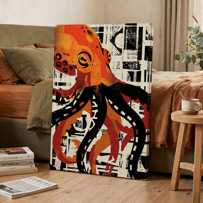 Urban Octopus, black, orange, beige nature wall art on canvas displayed in a styled interior, gallery view 2