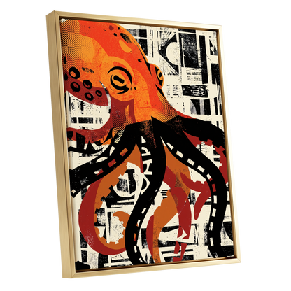 Urban Octopus, black, orange, beige nature wall art shown as a gold framed canvas wall art