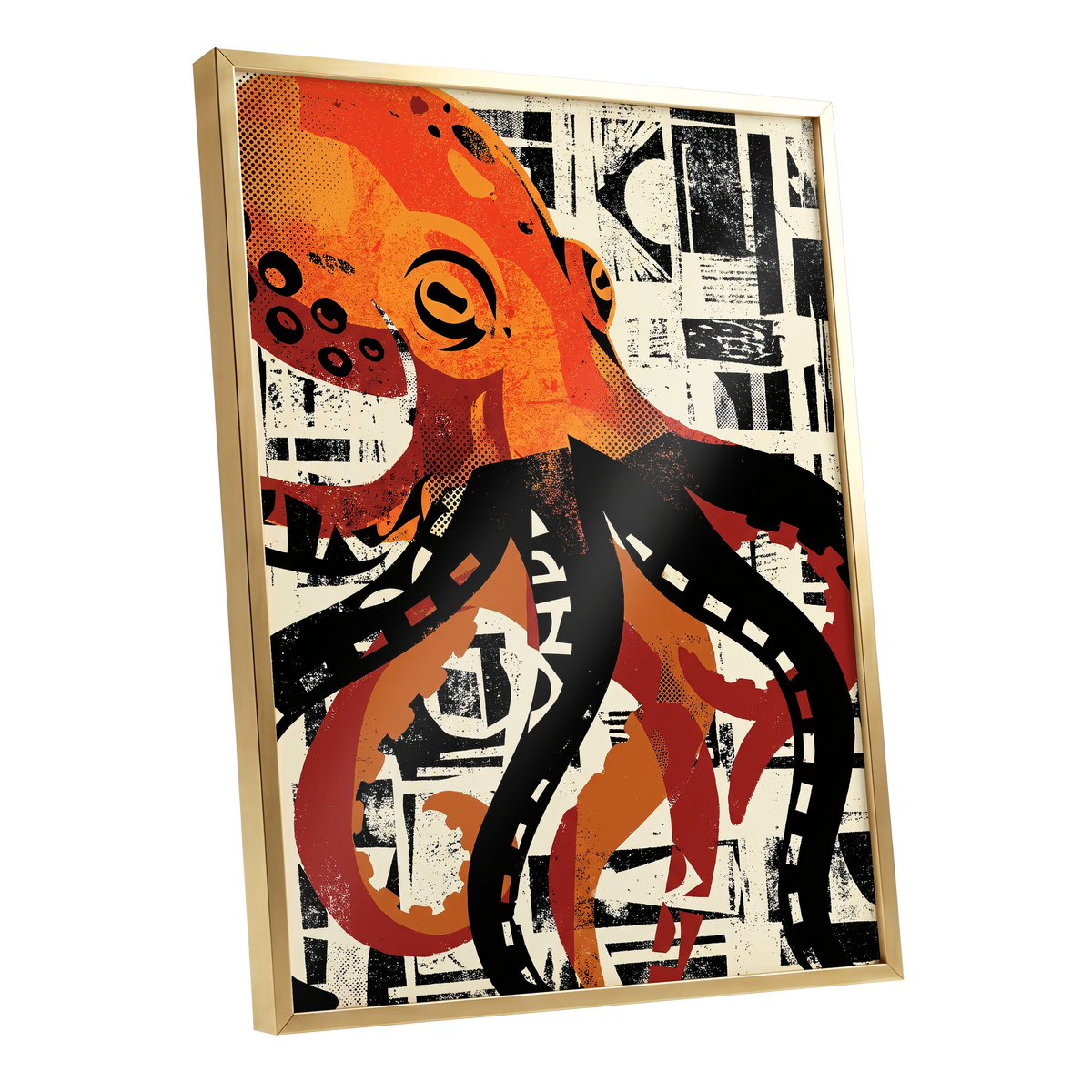 Urban Octopus, black, orange, beige nature wall art shown as a gold framed poster wall art print