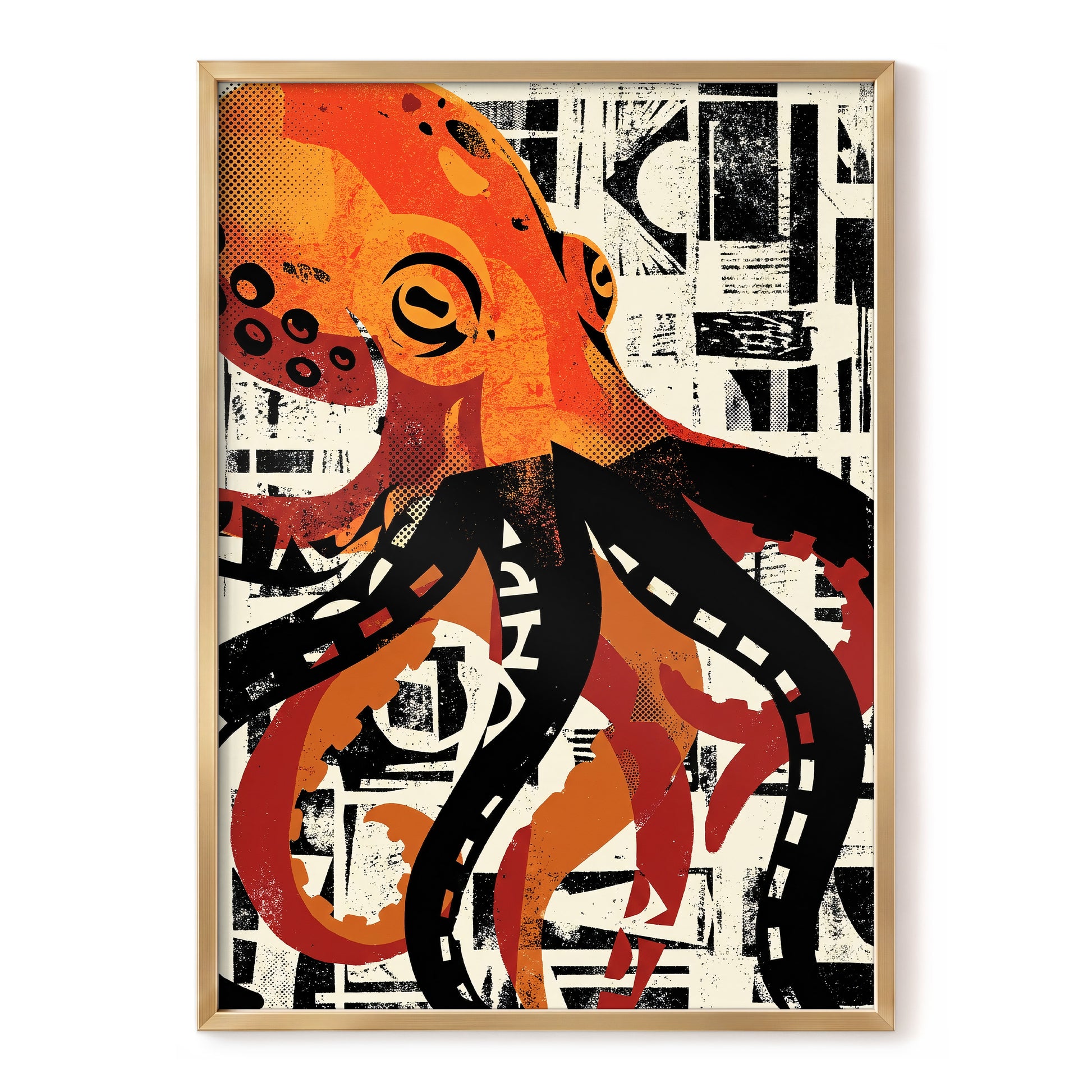 Urban Octopus, black, orange, beige nature wall art, front artwork view