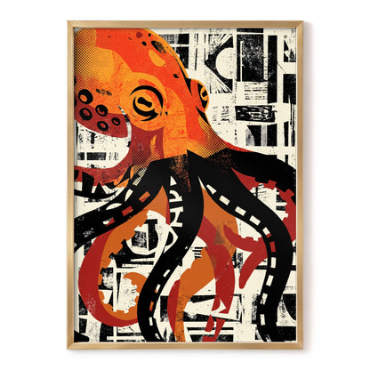 Urban Octopus, black, orange, beige nature wall art, front artwork view
