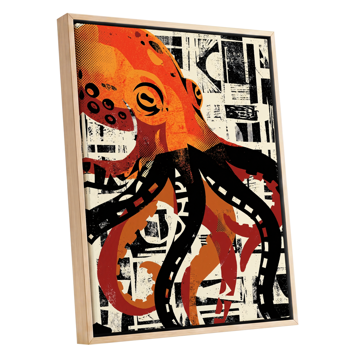 Urban Octopus, black, orange, beige nature wall art shown as a oak framed canvas wall art