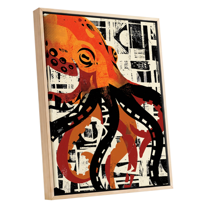 Urban Octopus, black, orange, beige nature wall art shown as a oak framed canvas wall art