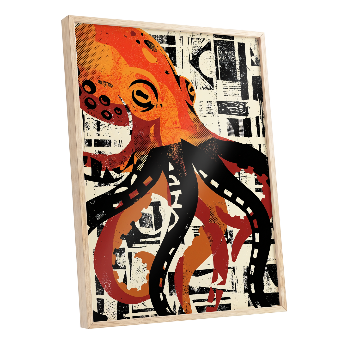 Urban Octopus, black, orange, beige nature wall art shown as a oak framed poster wall art print