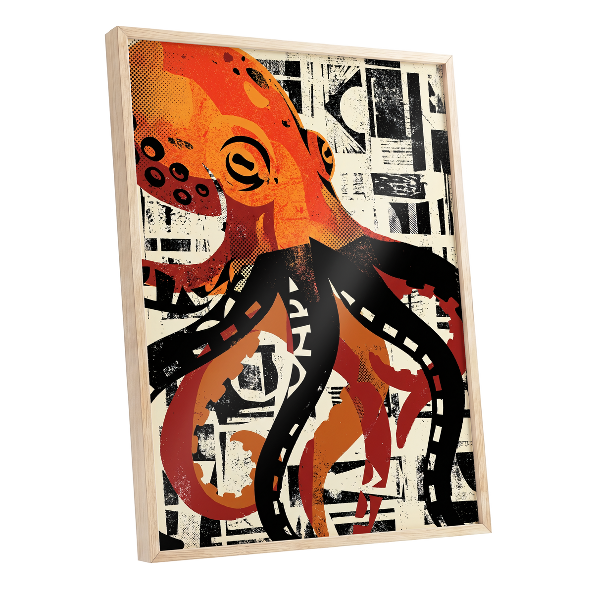 Urban Octopus, black, orange, beige nature wall art shown as a oak framed poster wall art print